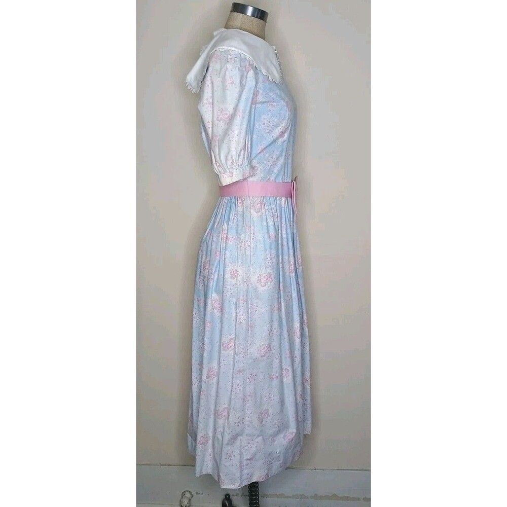 Vtg Lanz Originals 80s Dress Sz 8 Blue Pink Floral Cottagecore Belt Pockets READ - Picture 4 of 11